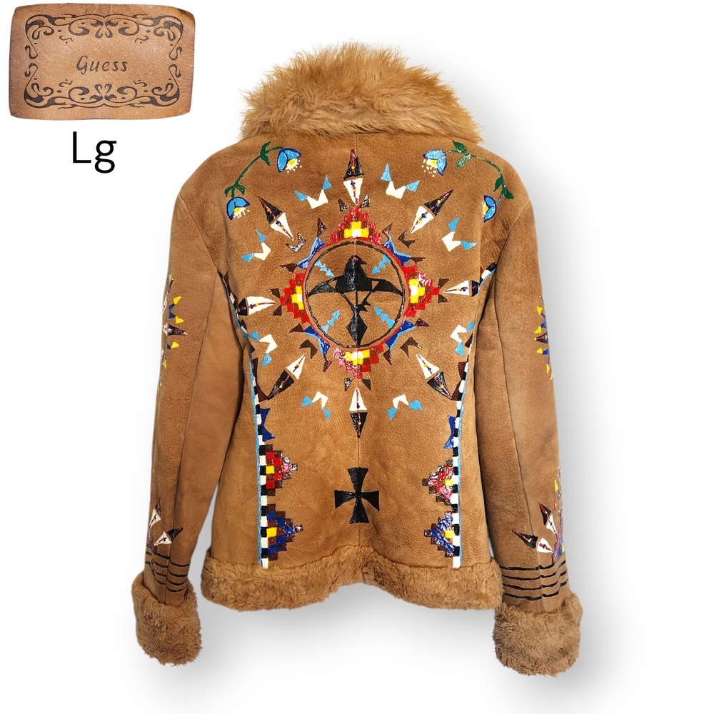 VTG GUESS Suede Jacket L Hand Painted Lakota Native Style Boho Penny Lane Rare
